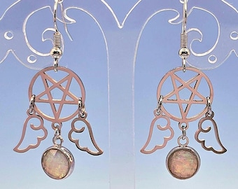 Pentacle Angel Faceted Iridescent Silver Charm Earrings
