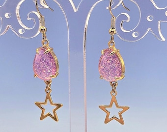 Pink Glitter Drop Gold Outline Stars Charm Earrings