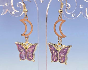 Purple Glitter Butterfly Charm Gold Moon Earrings