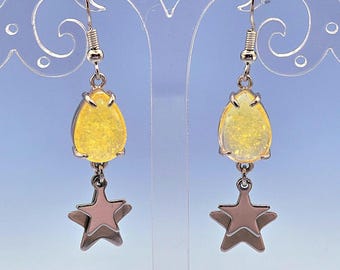 Yellow Glitter Drop Silver Stacked Stars Charm Earrings