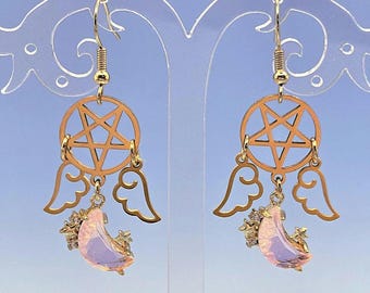 Glass Pink Moon Rhinestone Gold Winged Pentacle Charm Earrings