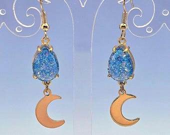 Blue Glitter Drop Gold Crescent Moons Charm Earrings