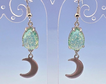Green Glitter Drop Silver Crescent Moons Charm Earrings