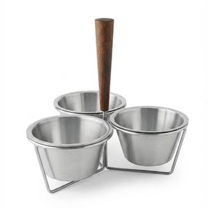 Vintage Swedish Stainless Steel 18-8 3-Tier Condiment Server Caddy with Wood Handle