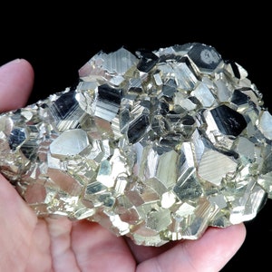Superb large block of lustrous golden striated pyrite crystals from the famous Huanzala Mine in Peru - great display piece