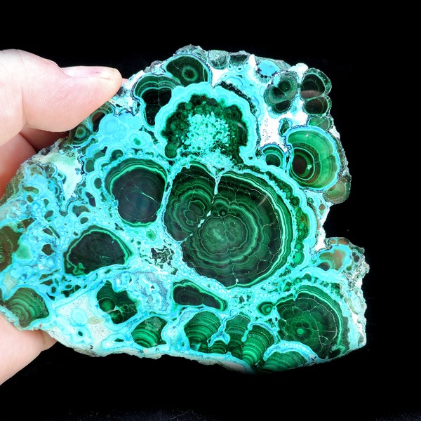 Striking large cabinet size polished slab with banded green malachite and sky blue chrysocolla - reads like a geology textbook