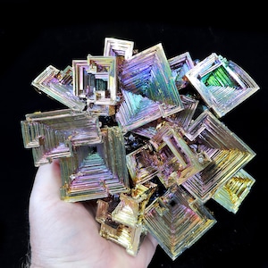 Stunning extra large size complex hopper crystals of golden iridescent lab-grown native bismuth