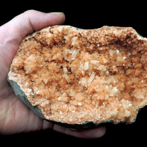 Peut inclure: Une géode avec une cavité ouverte révélant un amas de petits cristaux orange. Les cristaux sont densément tassés et ont une apparence brillante et translucide.