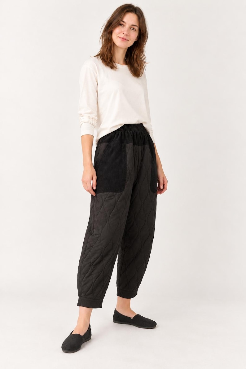 Quilted Cotton Balloon Pants with Corduroy Details – Black image 2