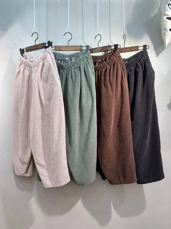 Women s Mid rise Thick Corduroy Cropped Baggy Pants Wide Leg for