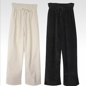 Women's Corduroy Banding Waist High-rise and Straight Wide Legs Pants