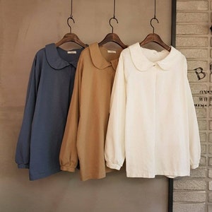 Peterpan Collar with One Button Organic Cotton Blouse for Spring loose fit