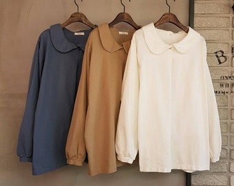 Oversized Peter Pan Collar 100% Organic Cotton Blouse | Soft Cotton | Flowy Back Pleats | Soft Beige