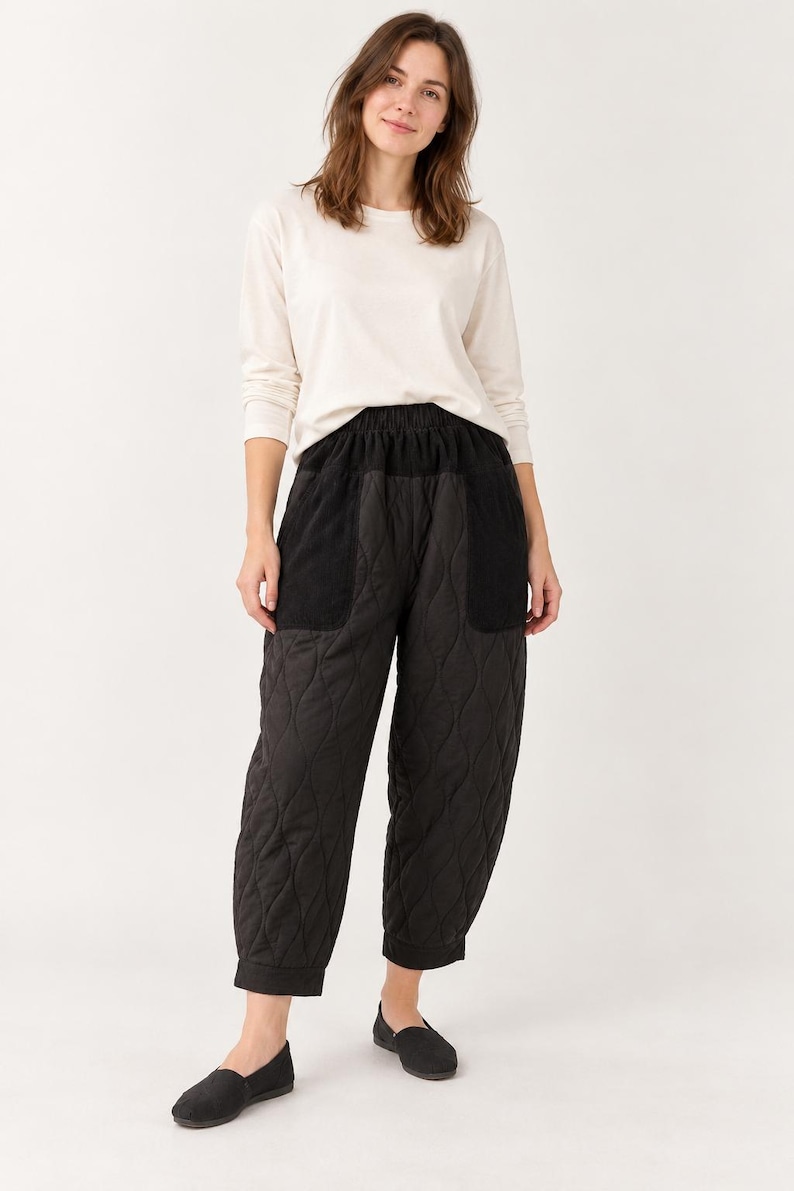 Quilted Cotton Balloon Pants with Corduroy Details – Black image 1