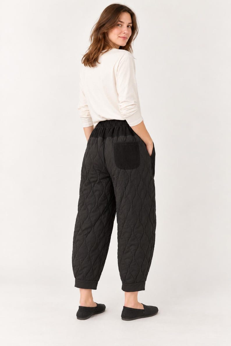 Quilted Cotton Balloon Pants with Corduroy Details – Black image 3