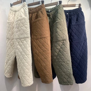 Unisex Quilted Thermal Pants, Padded Winter Pants, Warm Lined Relaxed Fit Joggers, Cozy Quilted Trousers, Korean Fashion Winter Bottoms
