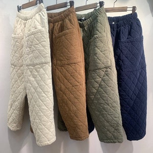 Women's High Rise Thick Quilted Padding Baggy Fit Cropped Pants with Front Big Pocket for Winter