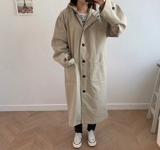 Womens Denim Boxy Hood Trench Coat With 