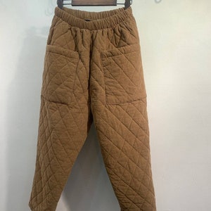 Women's High Rise Thick Quilted Padding Baggy Fit Cropped Pants with Front Big Pocket for Winter Dark Beige