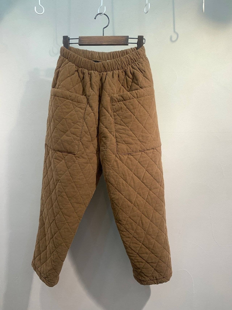 Women's High Rise Thick Quilted Padding Baggy Fit Cropped Pants with Front Big Pocket for Winter Dark Beige
