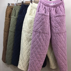 Women's High Rise Thick Quilted Padding Baggy Fit Cropped Pants with Front Big Pocket for Winter Purple Pink