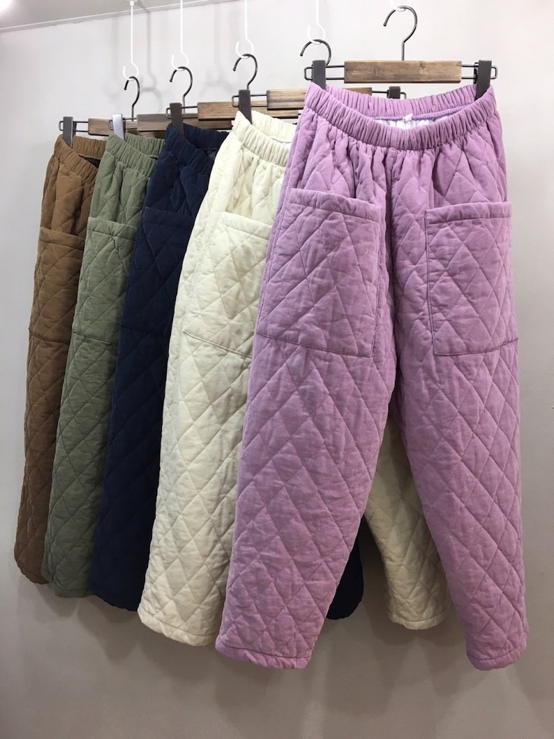 Women's High Rise Thick Quilted Padding Baggy Fit Cropped Pants with Front Big Pocket for Winter Purple Pink