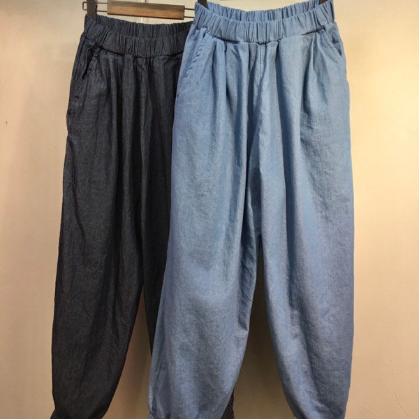 Pantalon baggy Aladin en denim léger et doux à taille haute pour femme