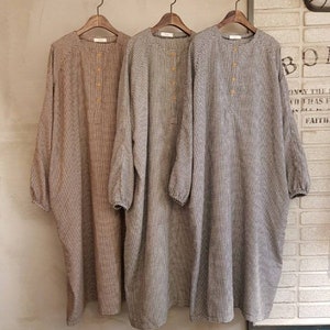 Relaxed cotton hound tooth pattern long sleeve long length dress