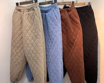 Women’s High Rise Cotton 100% Thick Quilted Padding Deep Pocket Ribbed Hem Baggy Jogger Pants for Winter