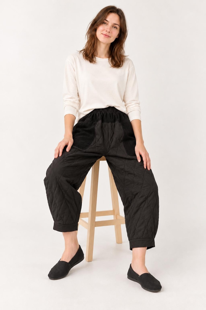Quilted Cotton Balloon Pants with Corduroy Details – Black image 5