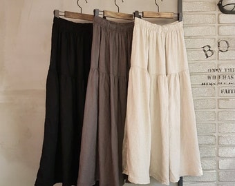 Natural 100% Linen Mid-Rise Banding Waist Rustic Long Skirt