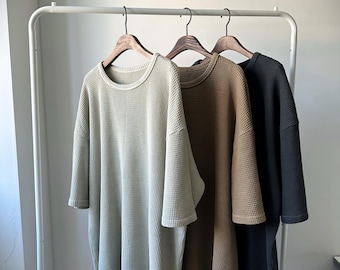 Waffle Texture Heavy Cotton Top, Minimalist Oversized T-Shirt, Neutral Everyday Wear