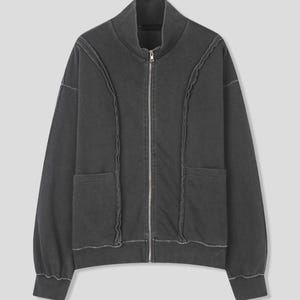 Vintage Washed French Terry Raw Edge Seam Zip-Up Jacket