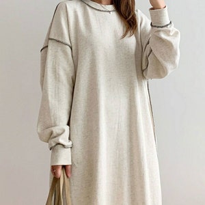Women’s Overlock Side-Slit Heavy Cotton Sweatshirt Dress, Minimalist, Soft-Touch, Relaxe