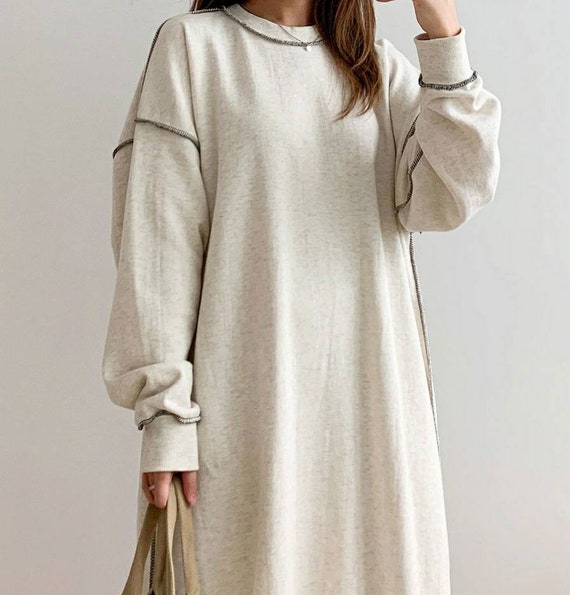 Women s Overlock Soft Heavy Cotton Sweatshirt Dress Etsy