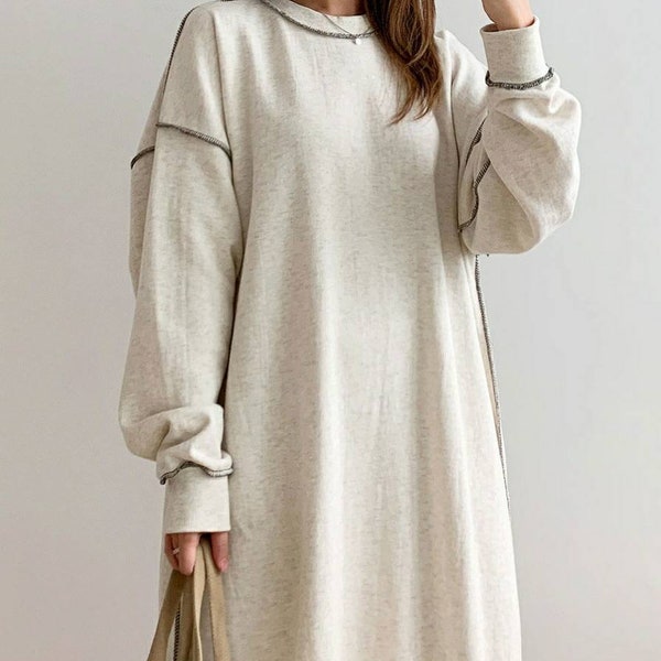 Women's Overlock Soft Heavy Cotton Sweatshirt Dress