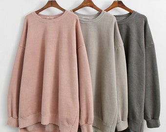 Women's Vintage Loose Fit Pigment 100% Cotton Pullover Sweatshirts with Biowashing