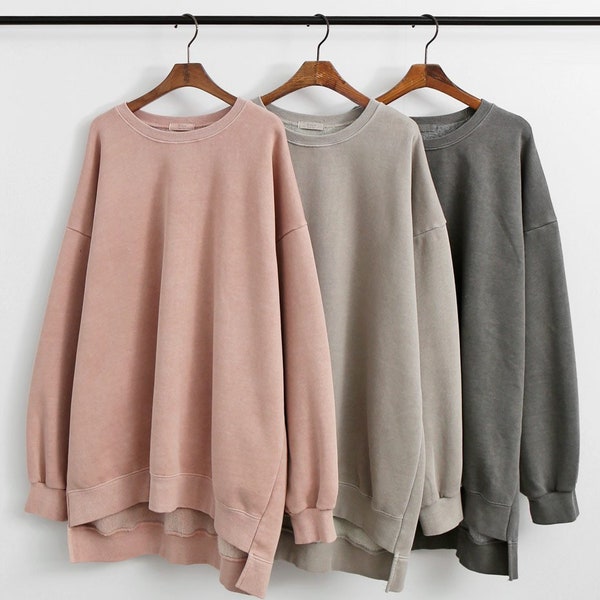 Women's Vintage Loose Fit Pigment 100% Cotton Pullover Sweatshirts with Biowashing