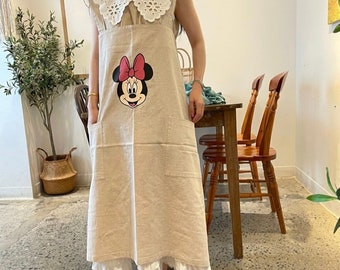 Disney Licensed Kitchen Long and Big Organic Linen 100% Apron Minnie Mouse Print l, Perfect gift for ladies