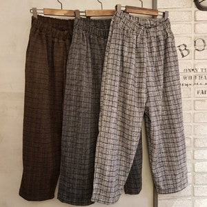 Women&#39;s Soft and Warm Plaid Acrylic Woolen Pants for Winter Baggy fit, wide legs * brown only available *
