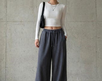 Washed Ruffle-Trim Wide-Leg Sweatpants | 100% Cotton Lounge Pants