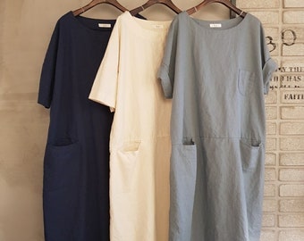 Women's 100% Organic Linen Boxy Loose Fit Large Front Pockets Short Sleeve Dress