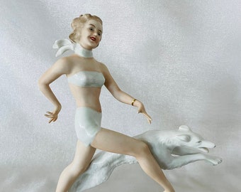Vintage Wallendorf Lady Running With Borzoi Dog