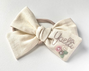 Personalized Embroidered Name Bow with Floral Trio