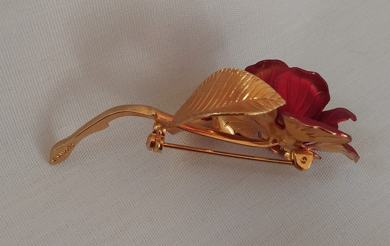 Broche Vintage Fleur Rose Rouge - Signée Cerrito - Métal - Occasion TBE