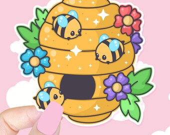 Bumbly Bees Honey Home Die Cut Sticker - Kawaii Bee Sticker, Cute Bee Sticker, Bumble Bee Sticker, Cute Laptop Decal, Gifts for Girls