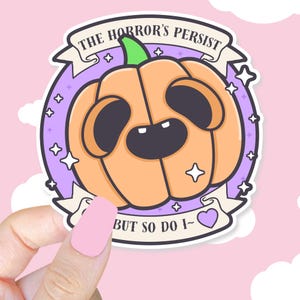 Humorous Halloween Die Cut Sticker: Purple Pumpkin - The Horrors Persist