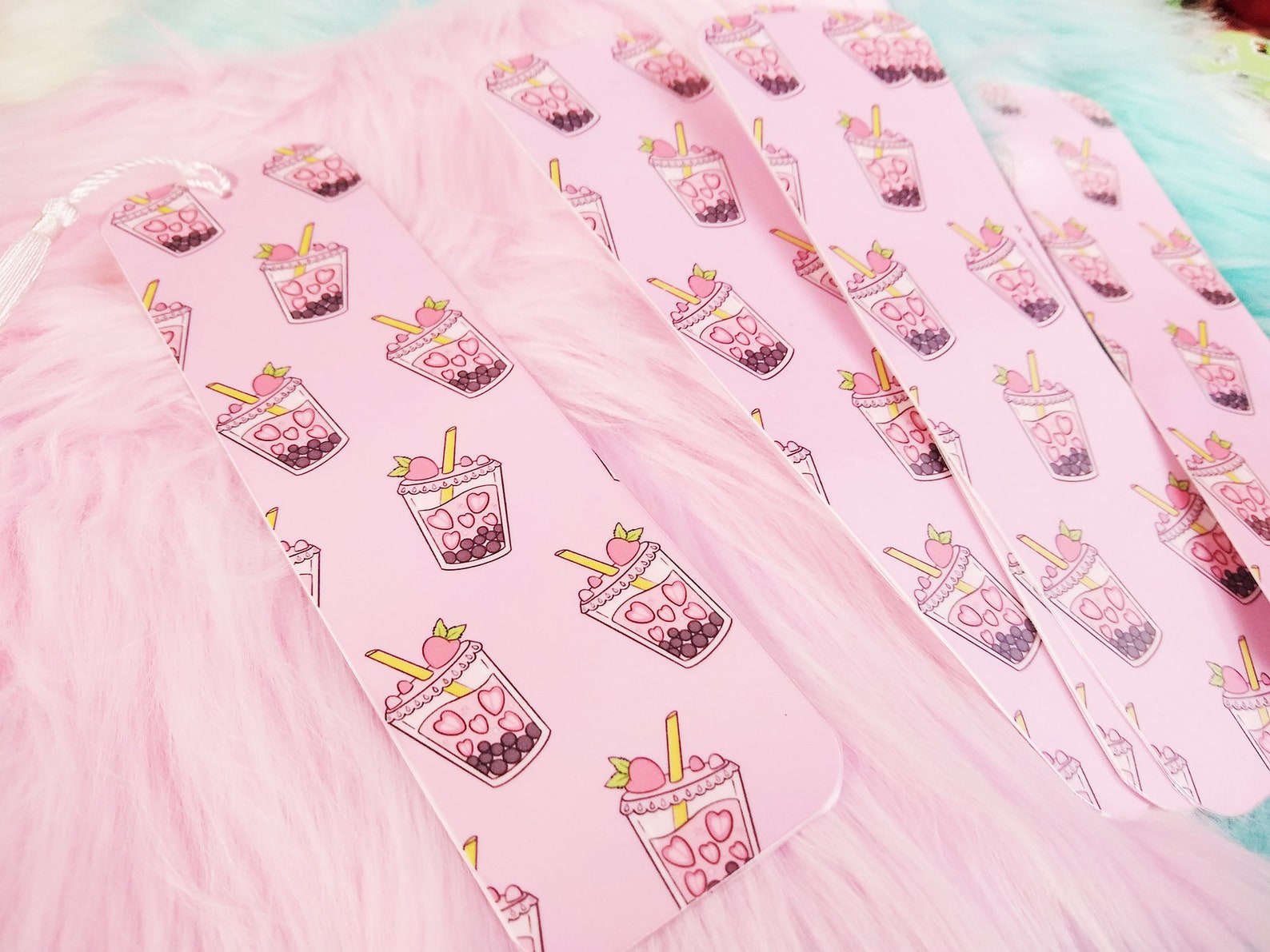 Strawberry Boba Bookmark Kawaii Bookmark Adorable Bookmark Etsy