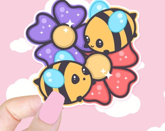 Bumbly Bees Flower Friends Die Cut Sticker - Kawaii Bee Sticker, Cute Bee Sticker, Bumble Bee Sticker, Cute Laptop Decal, Gifts for Girls