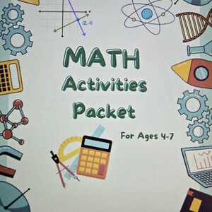 Könnte beinhalten: Ein Mathe-Aktivitäten-Paket für Kinder im Alter von 4-7 Jahren, mit einem farbenfrohen Design mit einem Diagramm, einem Taschenrechner und anderen mathematikbezogenen Illustrationen. Der Umschlag zeigt den Titel "MATH Activities Packet".